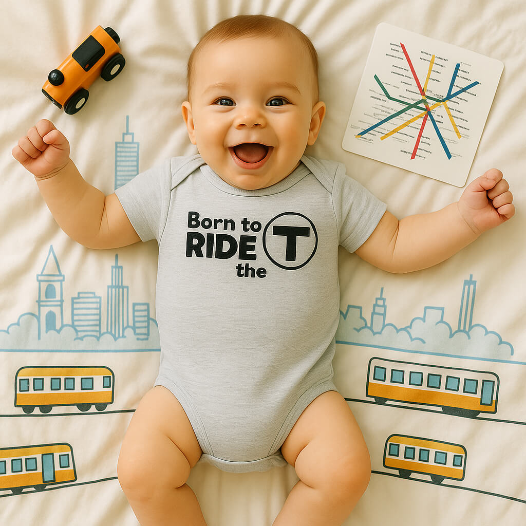 happy baby in crib wearing ash grey Born to Ride the T Boston onesie